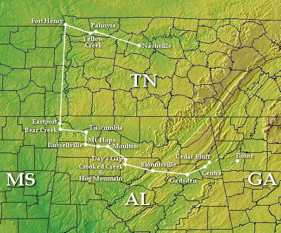A map showing Tennessee, Mississippi, Alabama, and Georgia. The route of Streight's raid is plotted out.