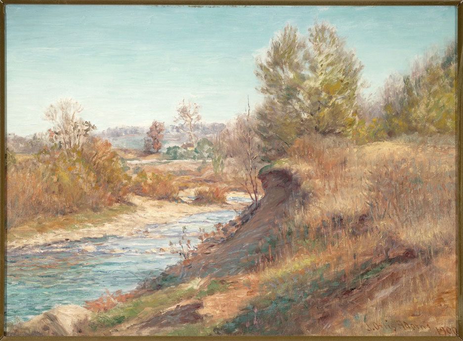 Painting showing a stream of water cutting through grassy sand banks. 