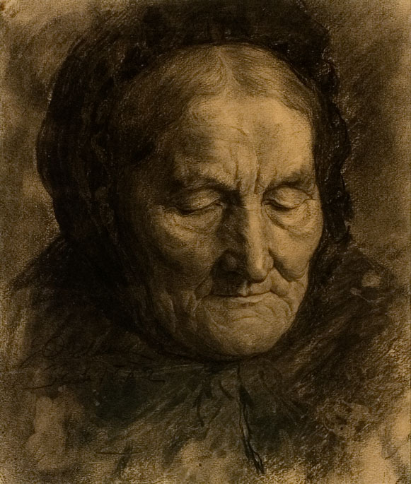 Detailed sketch of the face of an older woman.