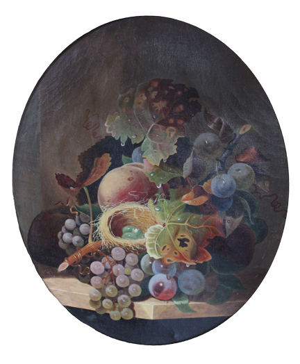 A painting of fruit, a bird's nest, and a branch with leaves.