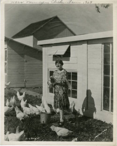 A woman is standing in a yard and feeding chickens.