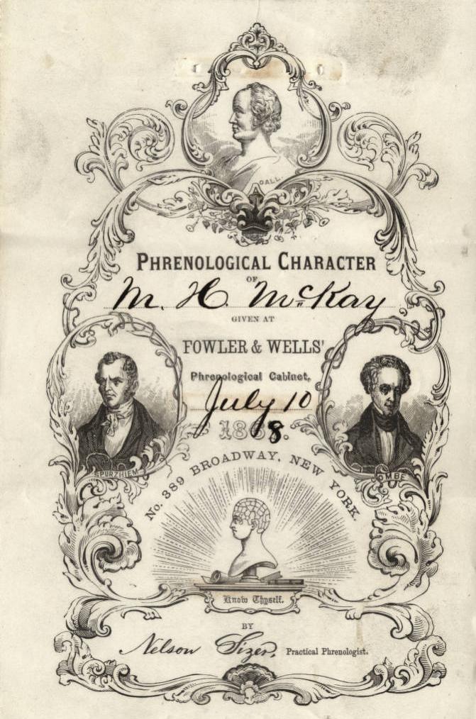 An illustrated page with a scrolling design. Two men's portraits are on either side of the page and a phrenology head is at the bottom. 