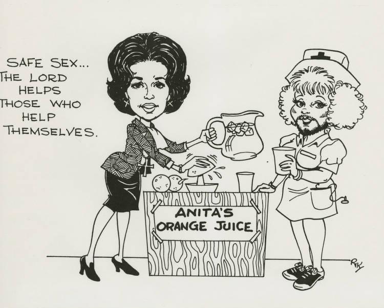 A cartoon drawing that features the nurse safe sexx character and Anita Bryant at a lemonade stand. The caption reads, "Safe sex. The lord helps those who helps themselves."