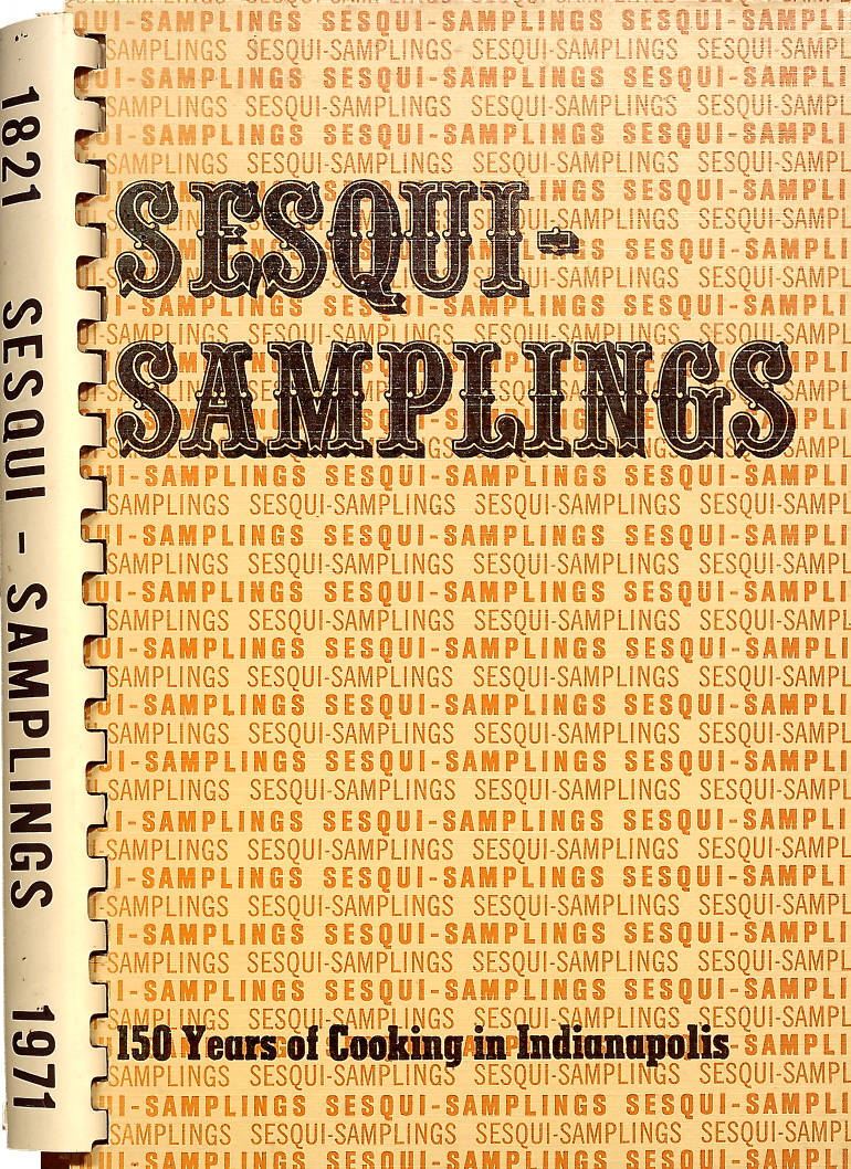 The cover of a recipe book. The word "sesqui-samplings" in a repeated pattern is used to decorate the cover. 