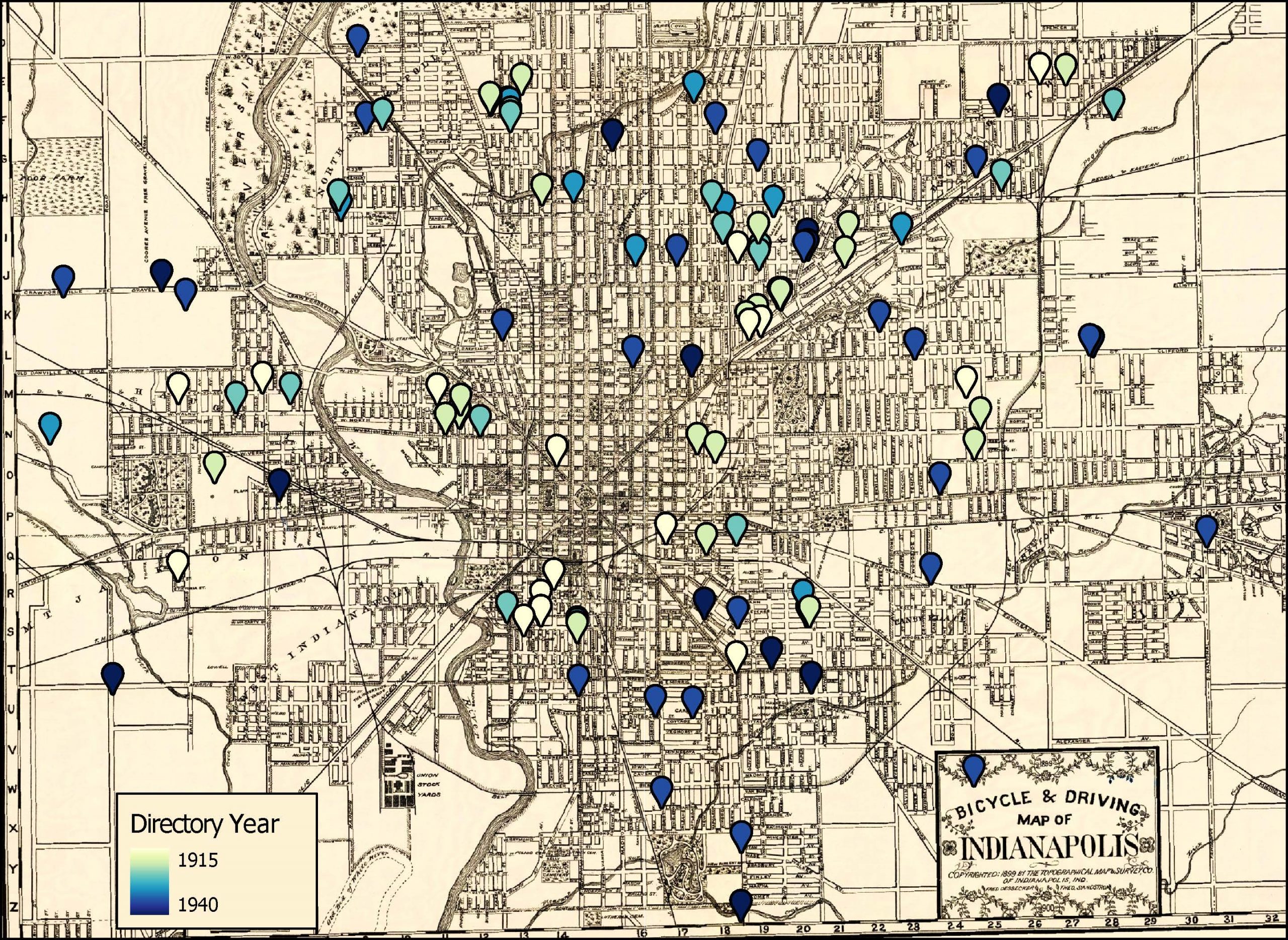 Map with points showing the location of Arab-owned stores in Indianapolis. 