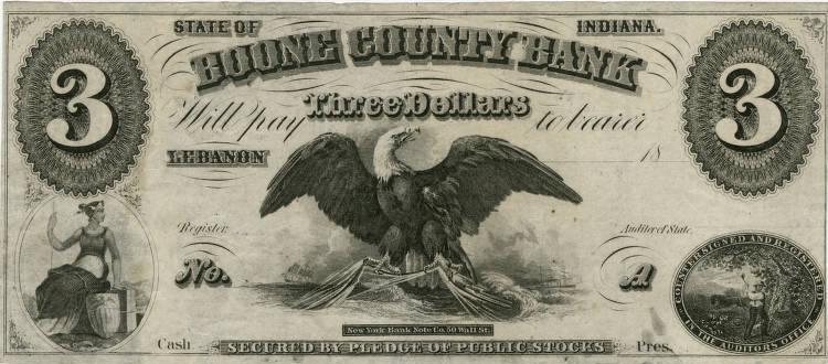 An old-fashioned bank note is shown. In the center is the American eagle.