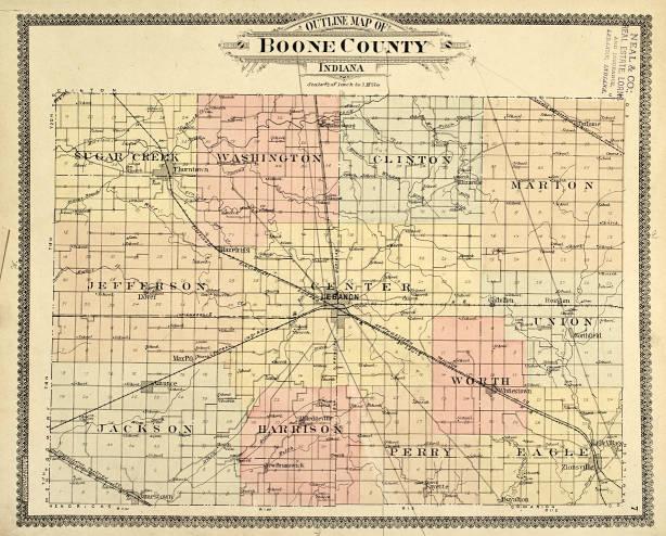 A map shows the townships of Boone County. At the top is "Outline Map of Boone County Indiana.