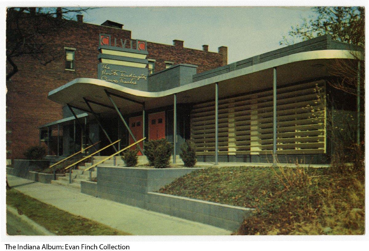 Postcard shows the front of the theater, which has been remodeled in the style of a 1950's diner.