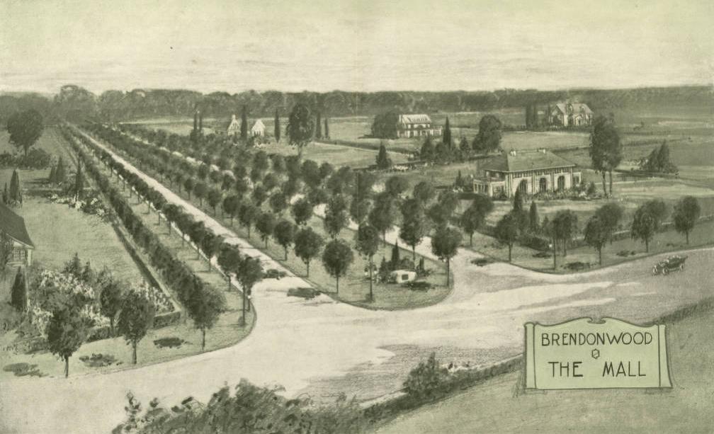 A drawing shows a layout of tree-lined streets bordered by large lawns and with houses dotted about the lawns. At the bottom right is a sign reading "Brendonwood The Mall".