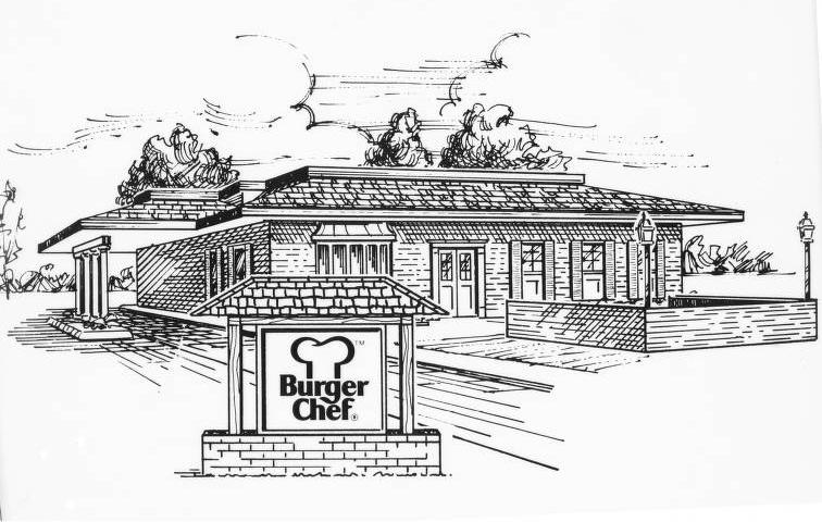Black and white drawing shows a one-story brick building that looks like a ranch-style house. There is a covered drive-through widow on the left side, and a sign for "Burger Chef" out front.