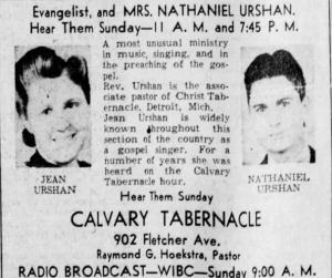 Jean and Nathaniel Urshan performance announcement, 1944