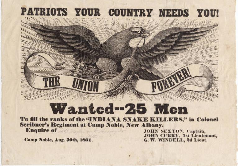A poster shows the American eagle holding a banner in its beak which reads "The Union Forever!" Above it is written "Patriots Your Country Needs You!" Below it is "Wanted -- 25 Men."
