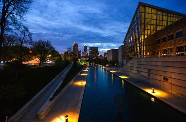 View of Central Canal and Indiana State Museum at night, ca. 2010s
