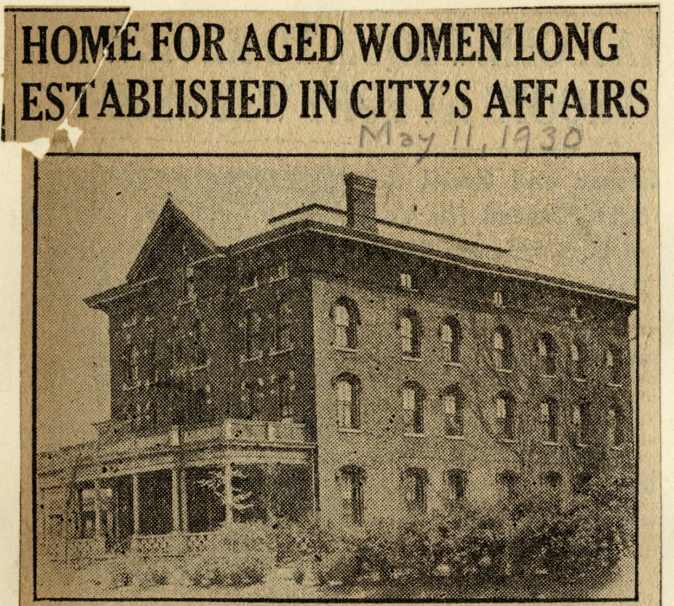 Yellowed newspaper clipping with headline "Home For Aged Women Long Established in City's Affairs" shows a four-story brick building with arched windows and a front porch.