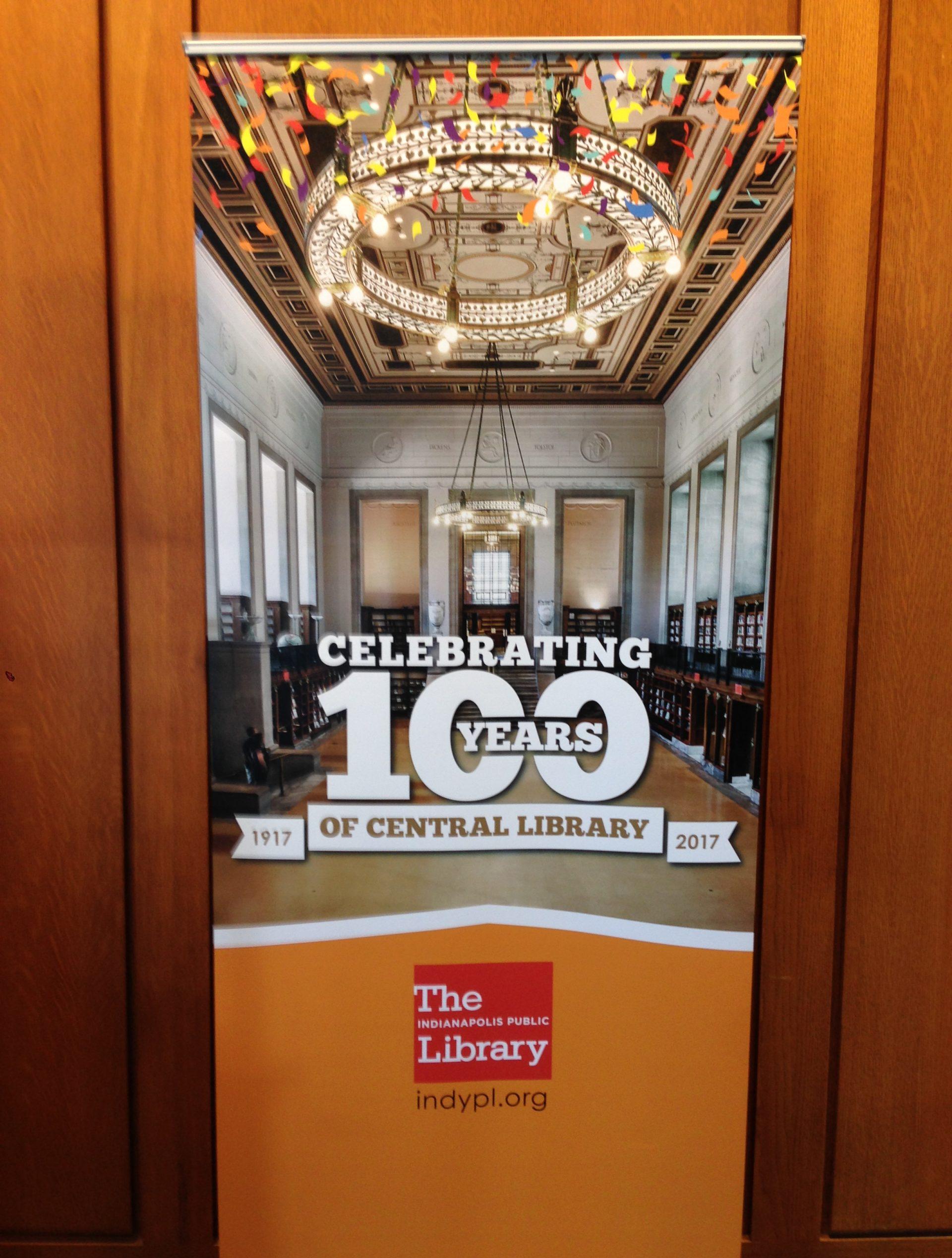A banner shows an image of a large room with a chandelier. The banner reads "Celebrating 100 Years of Central Library."