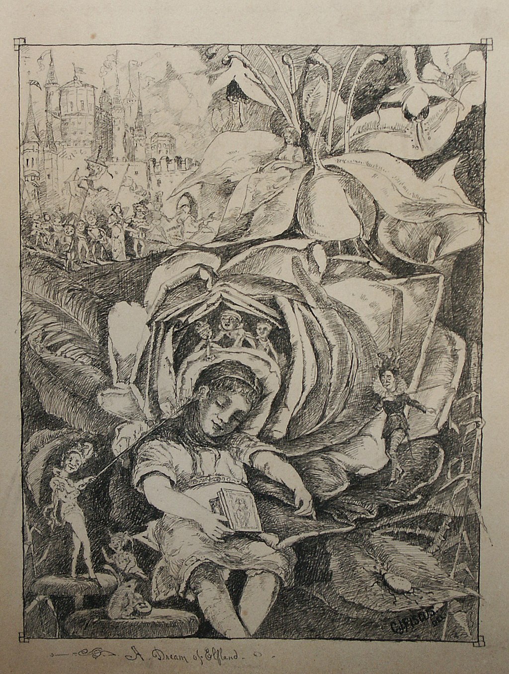 A pen and ink drawing of a child asleep nestled in a flower with small elves all around her and a castle with streaming pennants in the background.