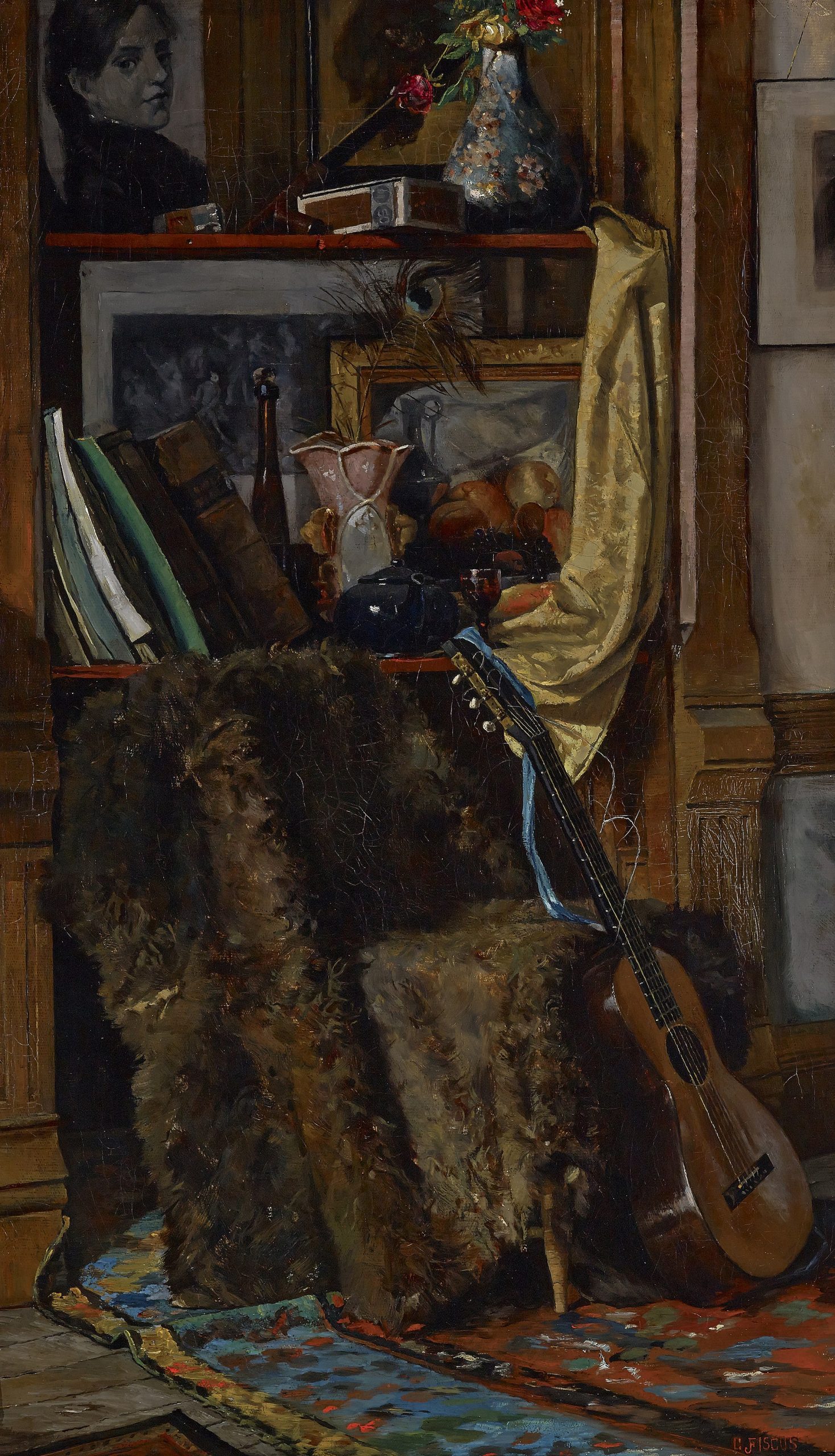 The oil painting shows the artist's corner nook containing some paintings, a charcoal drawing, leather-bound books and various objets d'jart. In front of these, on a colorful rug, a guitar leans against a chair which is covered by a fur throw.