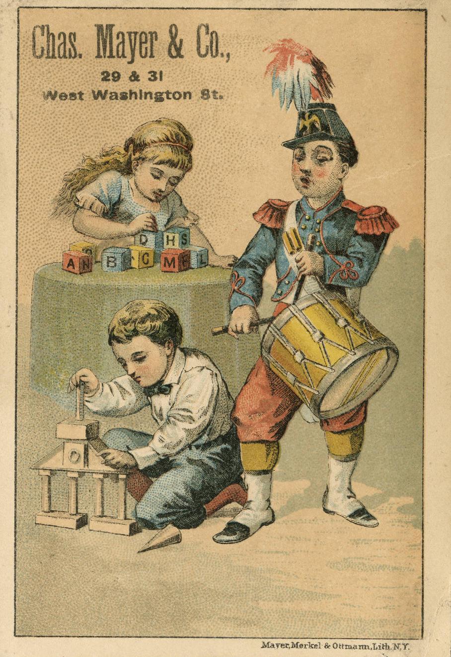 A girl at a table plays with letter blocks; a kneeling boy constructs a building; and a boy in costume plays a drum.