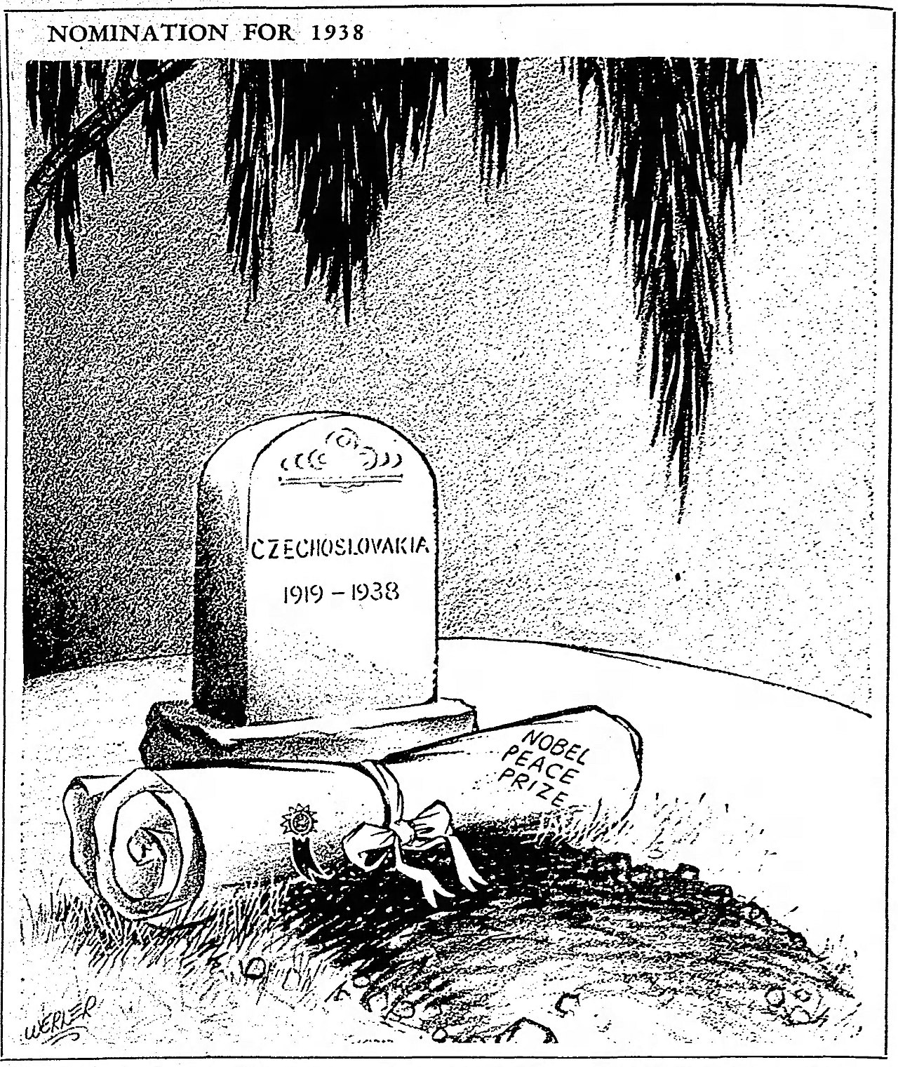 A political cartoon featuring a headstone and a scroll of paper. 