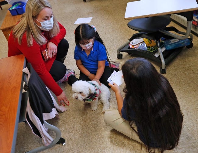 A teacher oversees two students as they interact with a small dog.