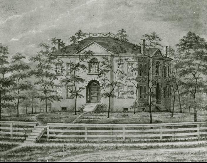 A sketch showing a two-story mansion with trees in the yard and a fence in the front yard.