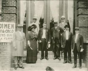 Madam C.J. Walker, Booker T. Washington, George Knox, F.B. Ransom, A.E. Manning, Dr. Joseph H. Ward, R.W. Bullock, and Thomas Taylor at the dedication of the Senate Avenue YMCA, 1912
