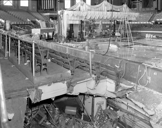Concession booth in the Indiana State Fairgrounds Coliseum where the gas explosion occurred. There is a gaping hole in a section of the stands.
