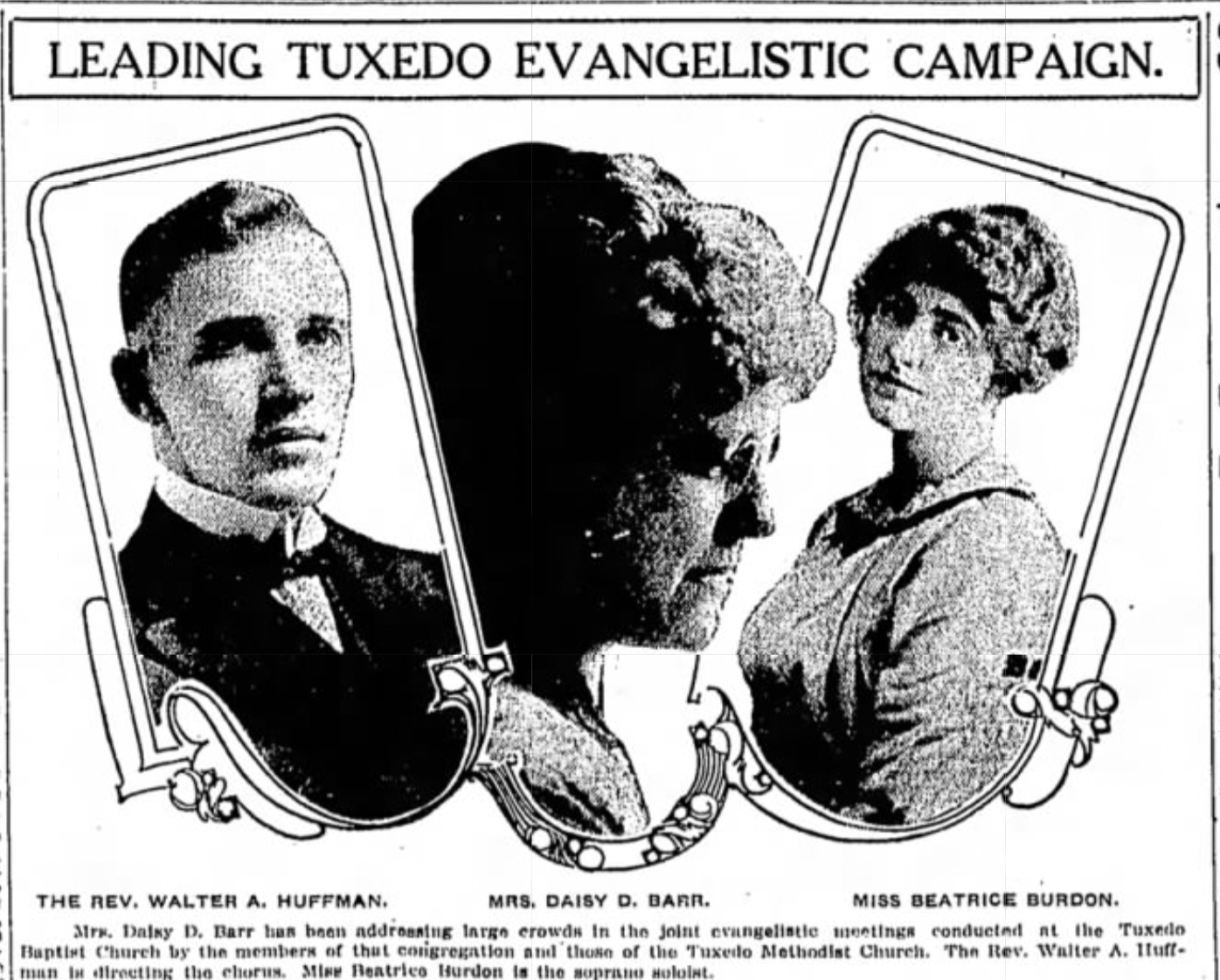 Newsclipping showing the headshots of three people. The headline reads "Leading tuxedo evangelistic campaign."