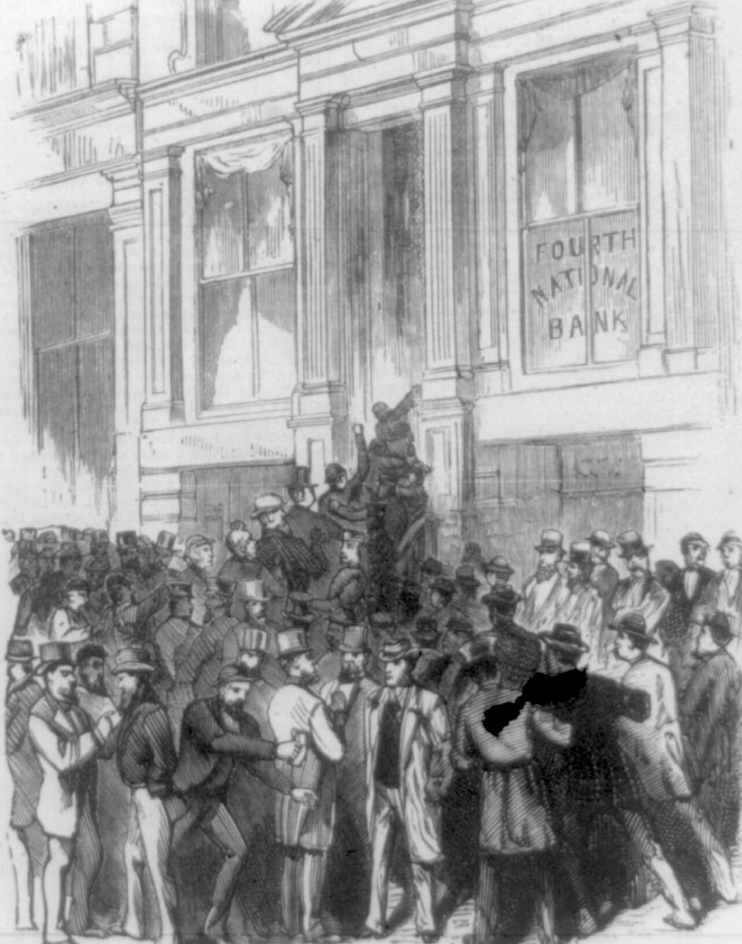 Illustration of a large crowd of men trying to enter a bank.
