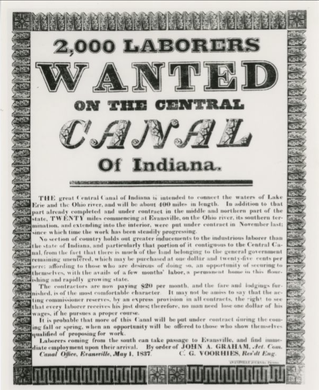 The simple advertisement reads "2,000 laborers wanted on teh central canal of Indiana."