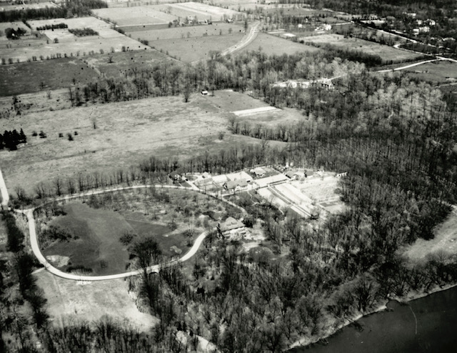 Aerial photograph of the land and buildings of Questover, ca. 1920s