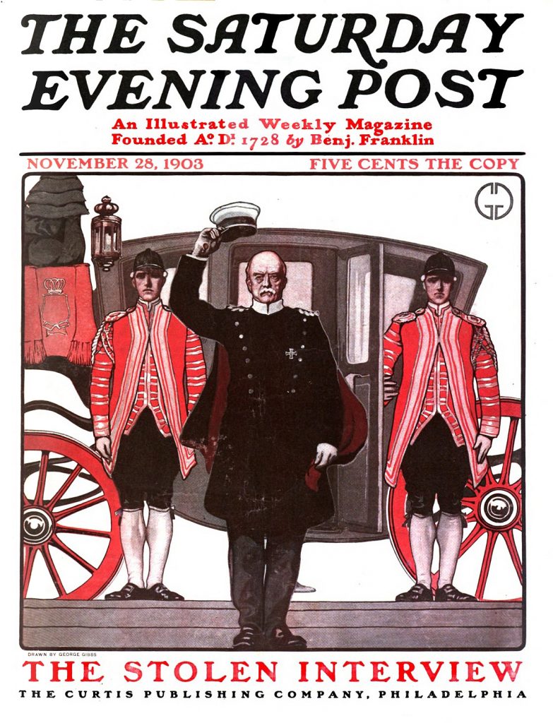 A magazine cover with an illustration of a carriage, two footmen, and a driver holding his hat up.