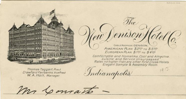 The yellowed envelope has an image of the hotel and "The New Denison Hotel Co." on it.