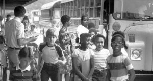 Former IPS students arrive at Skiles Test Elementary in Lawrence Township, 1981