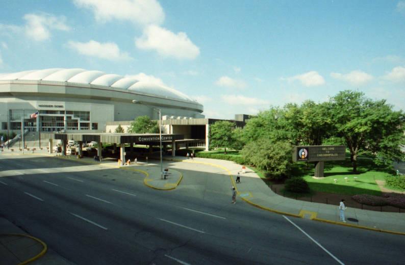 The front drive of the Indiana Convention Center. The Hoosier Dome is behind it. 
