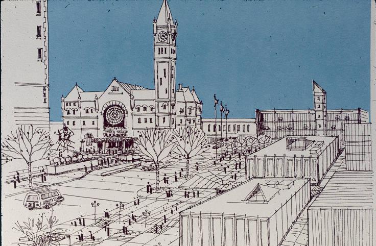 Pen and ink drawing shows Union Station and surrounding buildings.