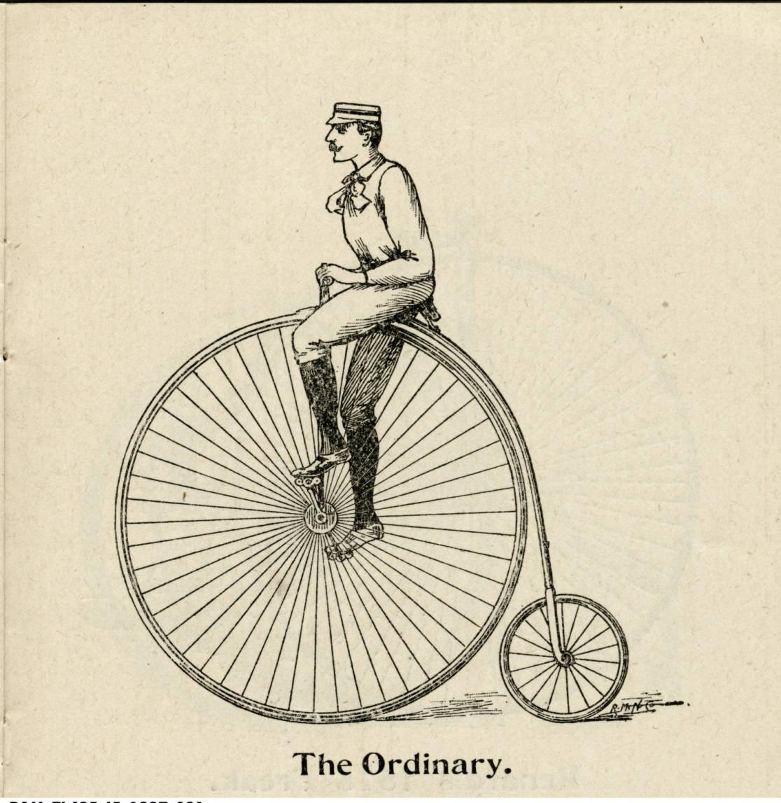 Illustration of a man riding a high-wheel bicycle.
