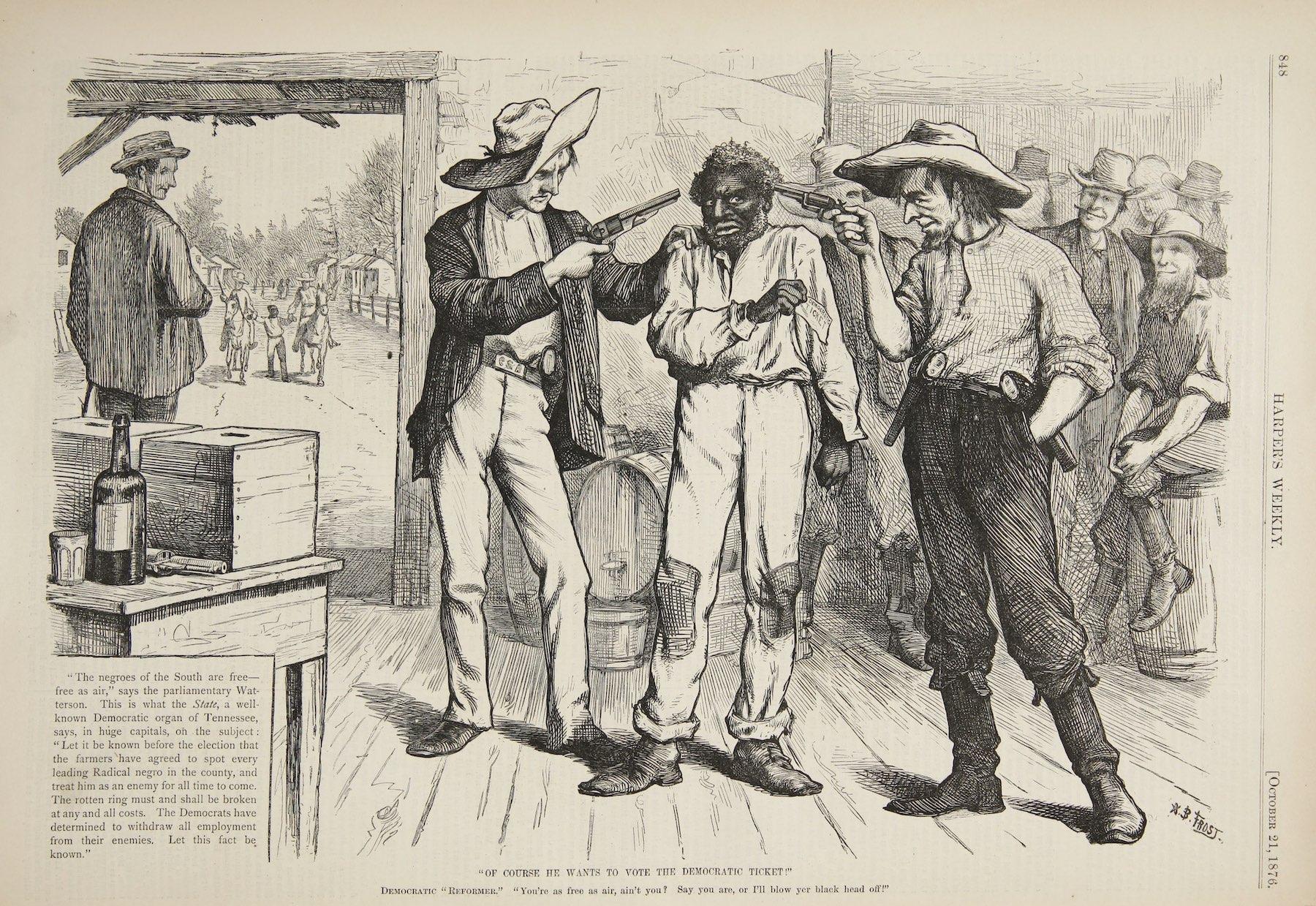 Illustration shows a Black man in between two white men who are holding guns to his head.