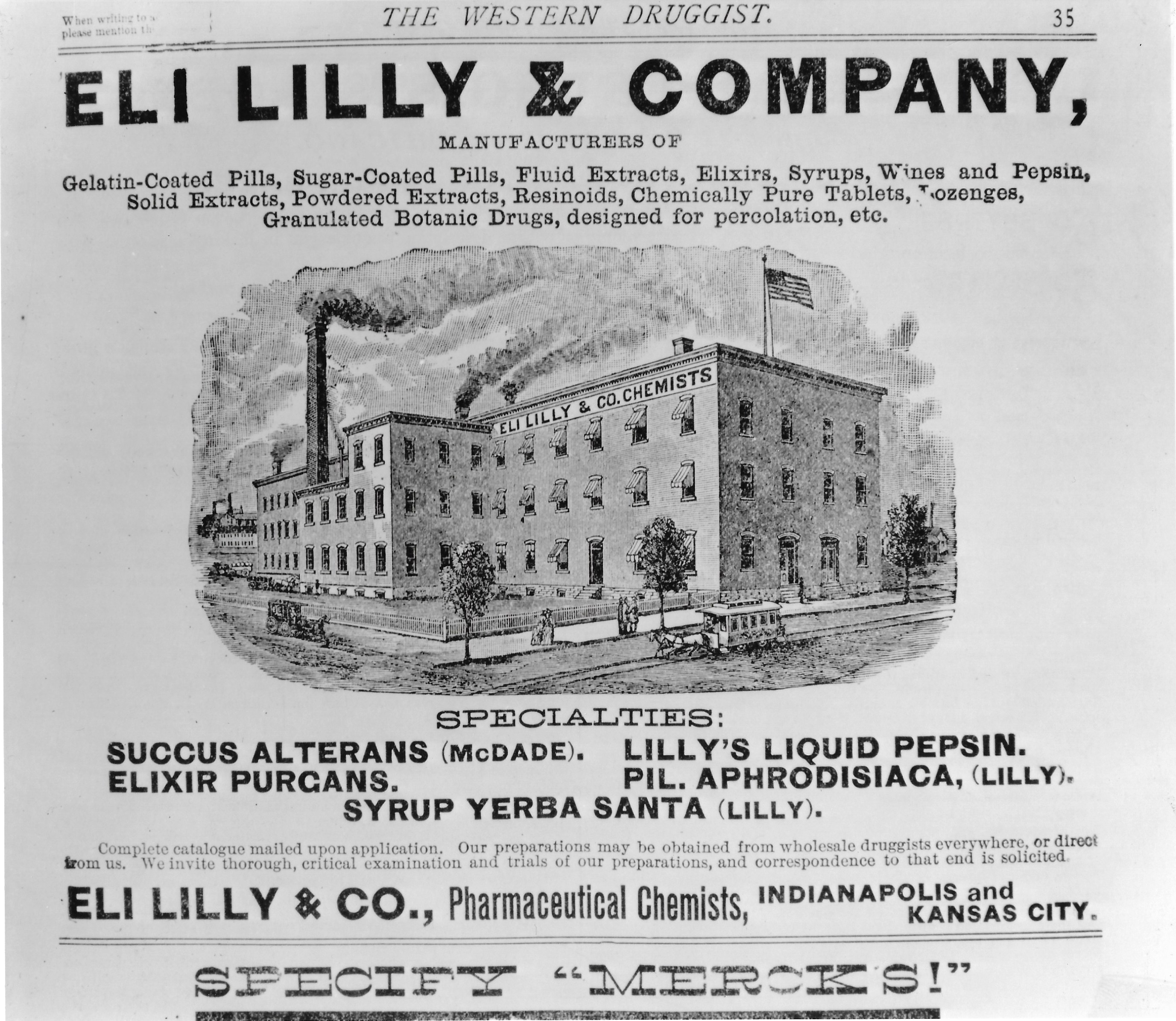 An advertisement for Eli Lilly featuring an illustration of the factory building and a list of products.. 