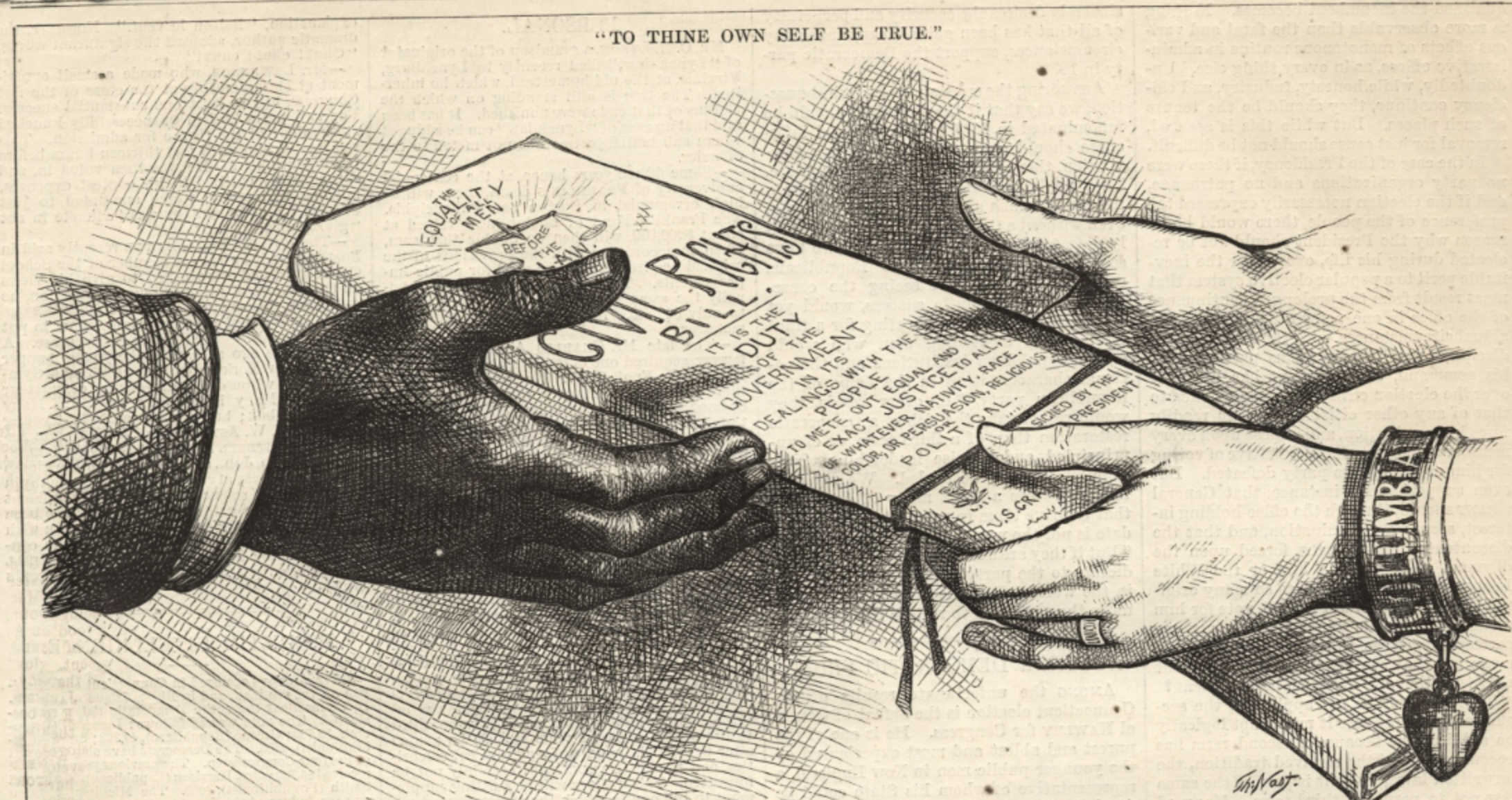 Illustration of the hands of a Black person and a white person both holding a bill.