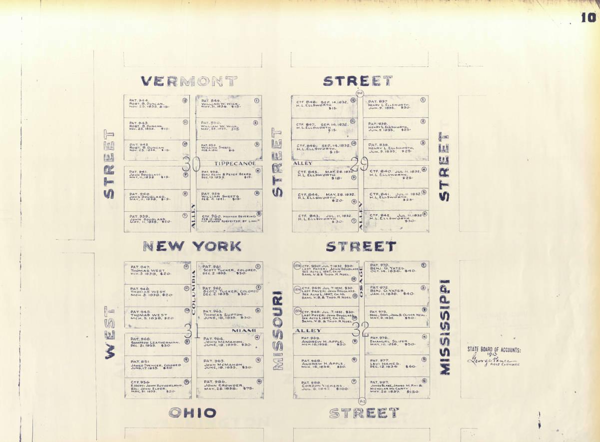 This detailed map from 1831 shows the downtown Indianapolis mile-square donation lands. The entries on each parcel shows individuals who bought the land from the State of Indiana.