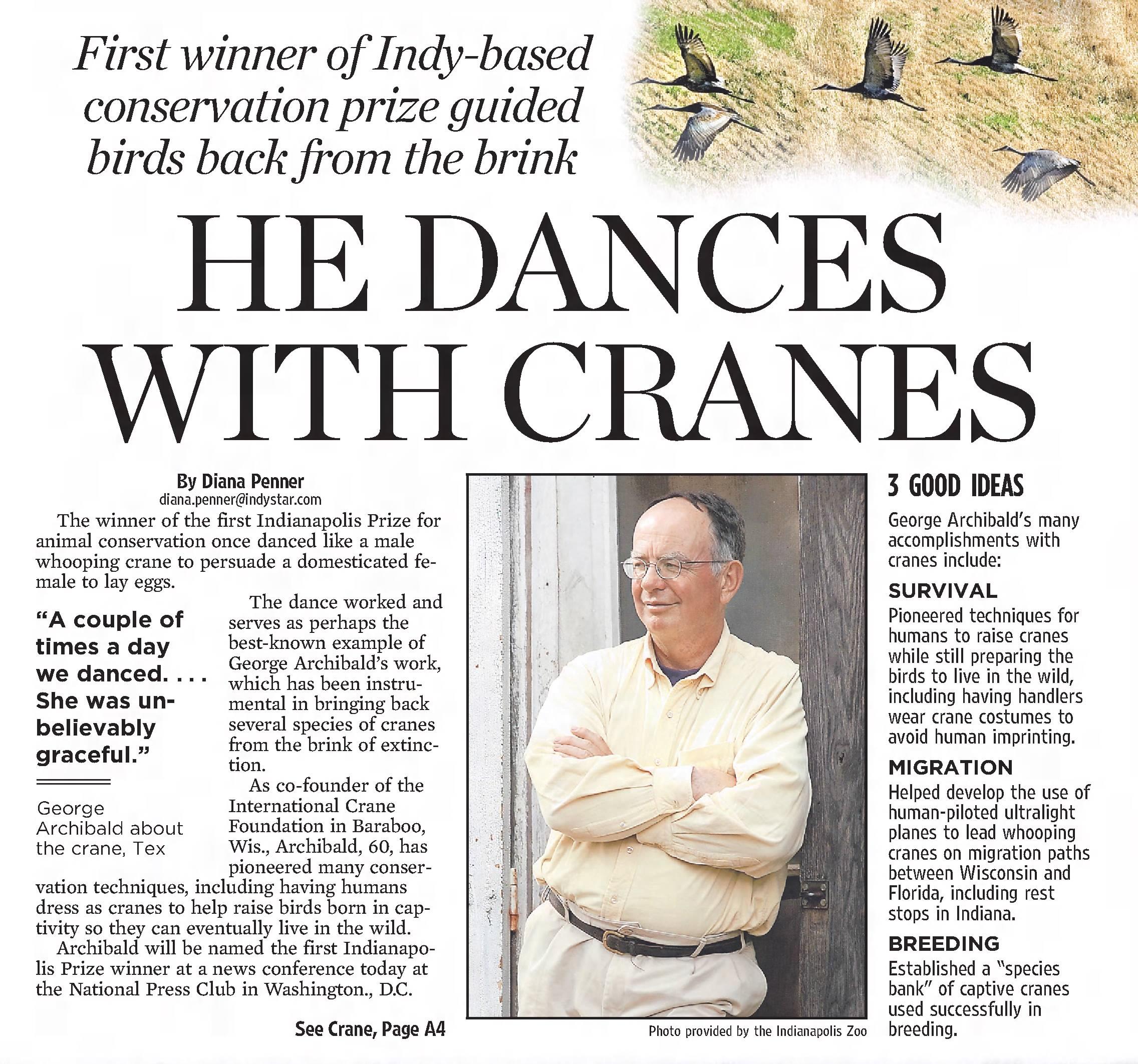A news paper article featuring a photo of George Archibald. The headline reads "He dances with cranes."