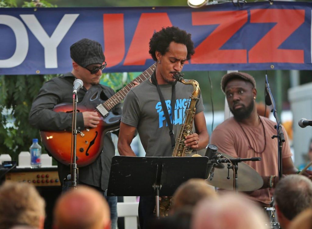 Jared Thompson performs during an Indy Jazz Fest block party outside the Jazz Kitchen, 2016