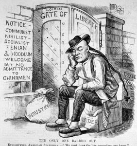 A political cartoon from 1882, showing a Chinese man being barred entry to the 