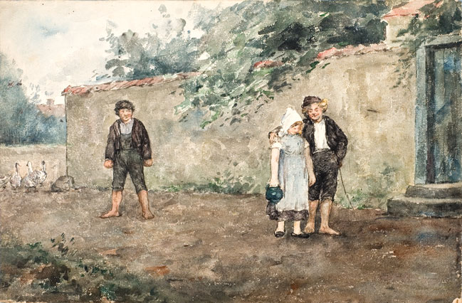 A painting depicting three children standing in front of a wall. 