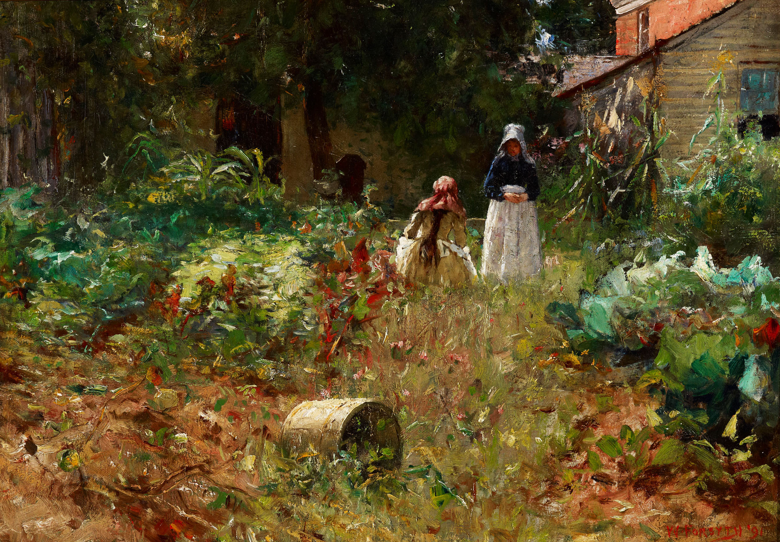 A painting of two women working in a garden in front of a house. 