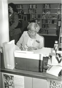 Elizabeth Gann, Library Trustee, at the grand opening of Fountain Square Branch Library, 1994