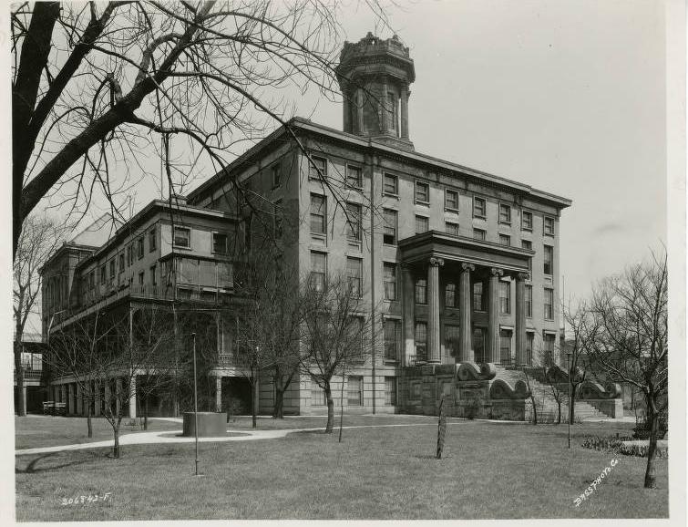 The main building is a five-story brick square with a sandstone facing front. It is Greek revival-ish. There are two four-story wings. Four ionic columns support a two-story portico at the entrance. Four large stone scrolls border the broad staircase leading to the entrance. There is an elaborate cupola on the flat roof.