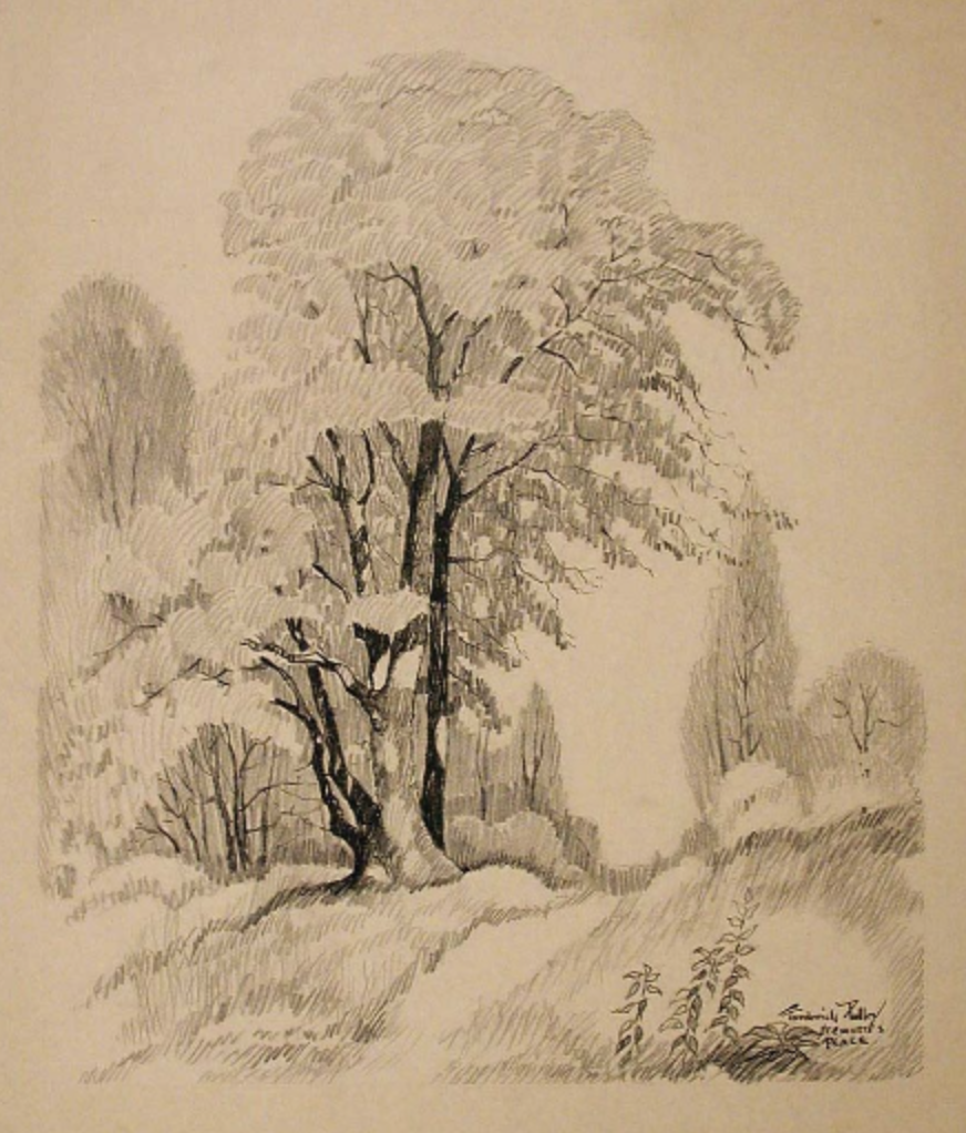 The lithograph shows a outdoor scene with trees and a grassy hill.