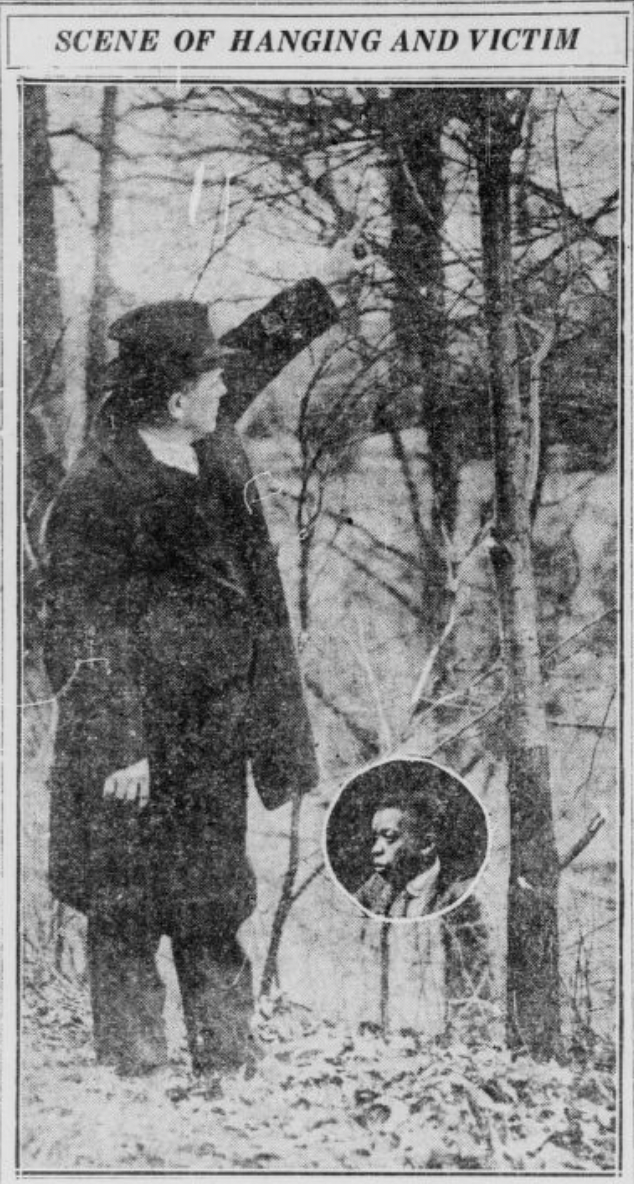 A news clipping shows a man outside pointing at a tree. A smaller image of Tompkins is inset within the larger image.